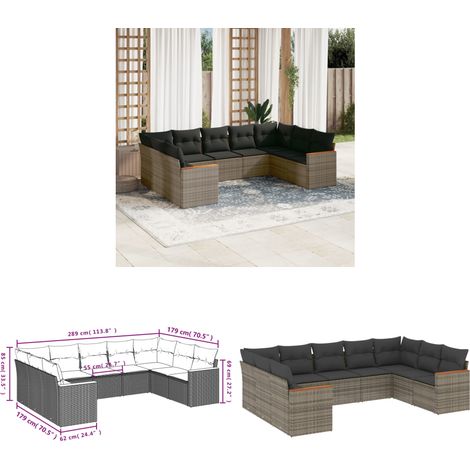 9-tlg. Garten-Sofagarnitur mit Kissen Grau Poly Rattan - Gartenmöbel - Outdoor Möbel - Rattan Sofa - Lounge Set - Esszimmergarnitur - Home & Living (1/3)
