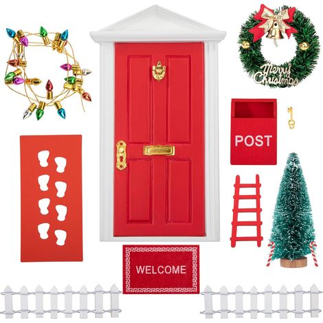 Kit Porte Lutin de Noël, Lutin Farceur de Noel, Miniature DIY Ensemble D'accessoires Maison De Poupée, avec Sapin de Noel, Couronne, Echelle, Clôture, Tapis, Decoration Cadeaux Enfants (1/5)
