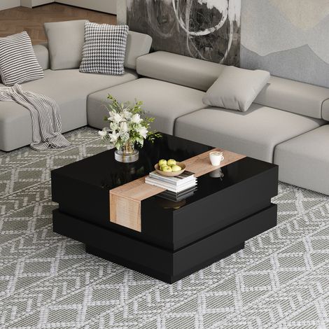 Tavolino da caffè quadrato moderno 70x70x39 cm con vano a scomparsa e anta scorrevole, in legno nero (1/5)