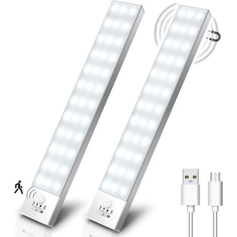 Lampe d'Armoire 36 LED, Rechargeable USB Sans Fil LED Lampe de Placard à Détecteur de Mouvement, Éclairage à LED étude de Cuisine Veilleuse Escalier Couloir (2 Pack) (1/5)