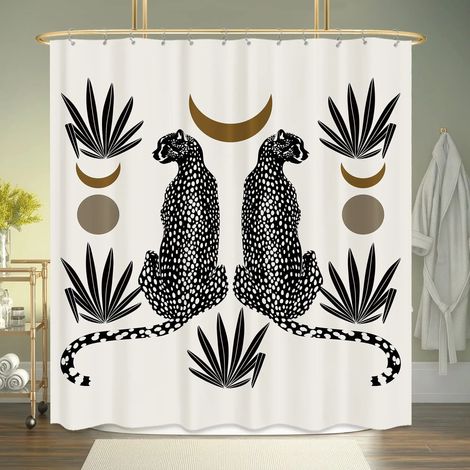 Filiyano-Rideau de douche bohème guépard, rideau de bain léopard tropical, rideau de salle de bain moderne rose à motif floral bleu et phases de lune