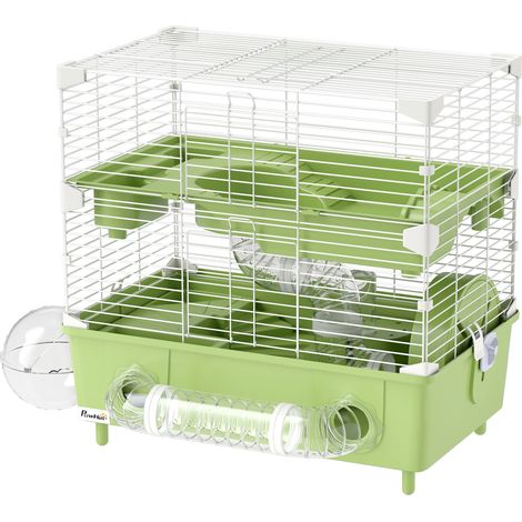 PawHut Gabbietta per Criceti a 2 Livelli e 3 Porte con Ruota Verde e Bianco