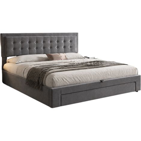 Lit avec Coffre 160x200 cm en Velours, Lit Double avec Tiroirs et Tête de Lit Réglable, sans Matelas, Gris (1/5)