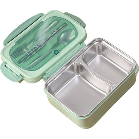 Boîte à lunch portable en acier inoxydable 304, étanche, compatible micro-ondes, avec compartiments alimentaires, cuillère et baguettes incluses. (1/5)