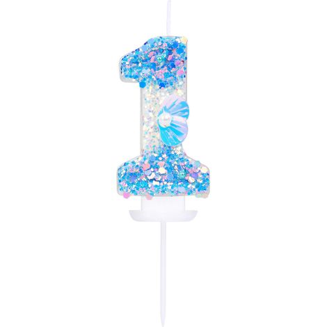 Bougie d'anniversaire 3D sur le thème de l'océan pour garçon, fille, tout-petit, décoration de gâteau de 1er anniversaire, bleu mer avec paillettes nacrées et coquillages (1/5)