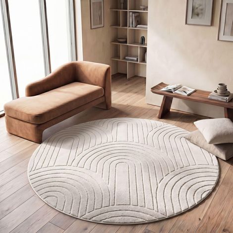 Shaggy Tapis Chambre Haut Poil Bohème Scandi Abstrait Unis Lavable Geometrique, Crème 1, 160 cm Rond (1/5)