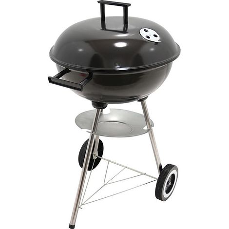 Barbecue à charbon 3 pieds avec couvercle et roues, acier noir, 51 cm