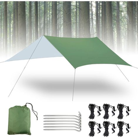 300 x 300 cm Bâche de tente de camping imperméable ultra légère avec tiges en aluminium, cordes en nylon et sac de rangement, grande voile d'ombrage de camping, pour randonnée, extérieur (1/5)