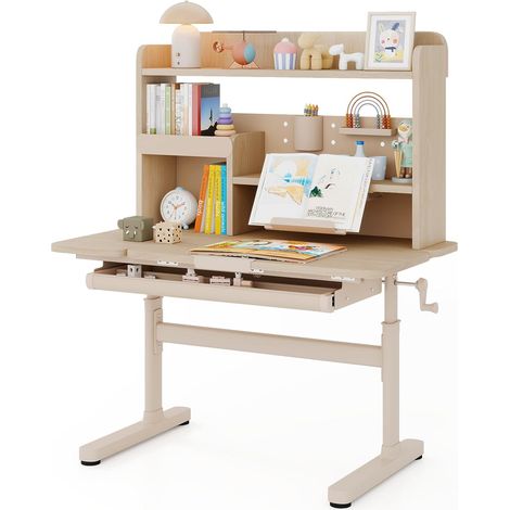 COSTWAY Scrivania per Bambini 3+ Anni, Tavolo da Studio Regolabile in Altezza con Libreria e Cassetto, Piano Inclinabile, Mensole, Leggio e Portapenne, Scrivania per Studiare (Giallo) (1/5)