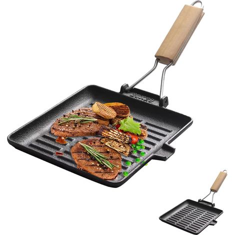 Poêle à steak en fonte - 20 x 20 cm - Avec poignée pliable en bois - Plaque carrée - Pour tous les types de plaques de cuisson - Camping - Cuisine extérieure - Facile à nettoyer (1/5)