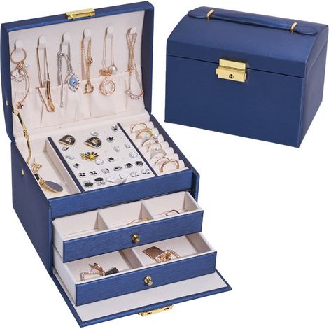 Three-Layer Leather Drawer Jewelry Box Light Luxury Earrings Jewelry Storage Box Earrings Locking Jewelry Box (Dark Blue, 171413cm)