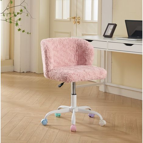 Sedia da scrivania in pelliccia sintetica rosa, girevole 360°, altezza regolabile, base in metallo, ruote silenziose, 55×57×81 cm (1/5)