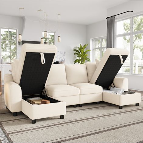 Modernes Chenille U-Form Sofa, 2-Sitzer mit zwei Chaiselongues als Ecksofa, mit zwei Kissen, Chaiselongues mit aufklappbarem Stauraum, multifunktionales modulares Sofa, Beige, Maße: 280 × 137 × 84 cm (1/5)