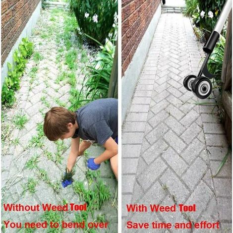 Outil de désherbage de cour avec outil de désherbage de jardin à roulettes, désherbeur sans genoux pour nettoyer entre les dalles, les blocs, les patios et les pelouses, machette (1/4)