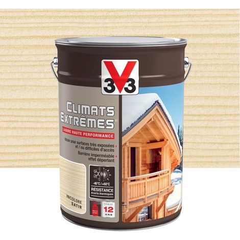 V33 – Lasure extérieure Climats extrêmes 12 ans – Protection bois contre UV et eau – Incolore 5 L – Hautes performances pour surfaces exposées
