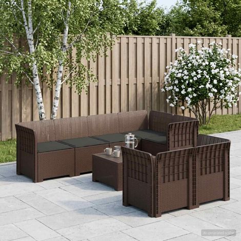 vidaXL Canapé de Jardin 7 Places avec Coussins Look Rattan PP Marron (1/5)