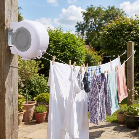 Double Fil à Linge Rétractable de (2 x 13M), Corde à Linge Rétractable Extérieur ou Interieur pour Vêtements (1/5)