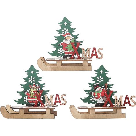 3 Pcs Ornements de Traîneau de Noël, Traîneau en Bois de Noël Bonhomme de Neige Noël Traîneau Ornements (1/5)