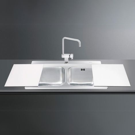 Smeg – Évier encastrable 2 cuves 90x50 cm avec planches à découper en verre blanc – Finition brossée – Montage mural – Cuves 40x34x21 cm (1/2)