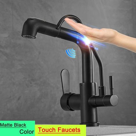 (9145-touch-black-G1/2) Nouveau robinet de cuisine tactile avec filtre, mitigeur thermostatique eau chaude/froide à douchette extractible et capteur d'eau pure. (1/5)