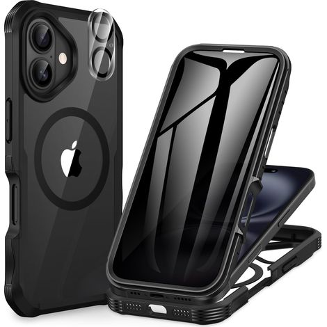 Magnétique Anti Espion Coque iPhone 16, Compatible avec MagSafe intégré Verre Trempé Protection écran et Protecteur Caméra, Antichoc Téléphone Housse Double Face Case Intégrale Etui -Noir (1/5)