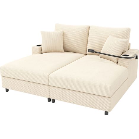 Sofá Cama Modular de 2 Plazas con Soporte de Móvil Giratorio, USB y Posavasos, Pana Beige (1/5)