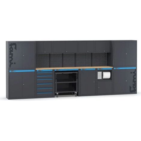 arredamento modulare per officina fami "linea 391" con armadi ad anta, cassettiera, carrello e modulo di servizio in lamiera antracite 456x49,5x190 cm (1/4)