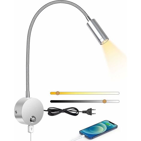 ZVD Liseuse murale, liseuse murale LED avec interrupteur tactile et port de charge USB, liseuse de chevet 3W rotative à 360°, 3000-6000K, argent [Classe C d'efficacité énergétique]. (1/4)