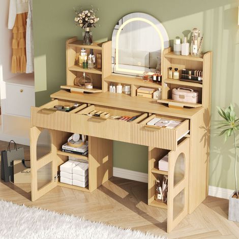 Coiffeuse 120x40x139,5 cm avec miroir LED, 3 tiroirs, 2 vitrines en verre et étagères, MDF naturel (1/5)