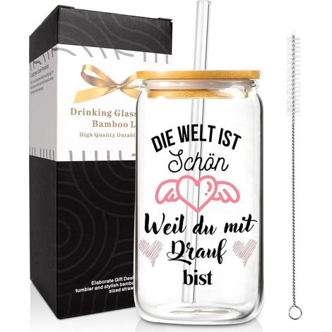 500ml Glas Trinkbecher mit Deckel und Strohhalm, Geschenk für (1/5)