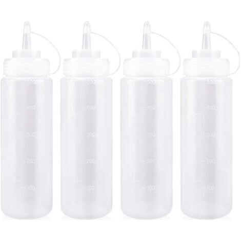 Pair Flacon Sauce Cuisine avec Capuchon 500ml Bouteille à Sauce en Plastique pour Condiments, Assaisonnements, Ketchup, Moutarde, Mayo, Huile dolive, Clair, 16oz, 4PCS