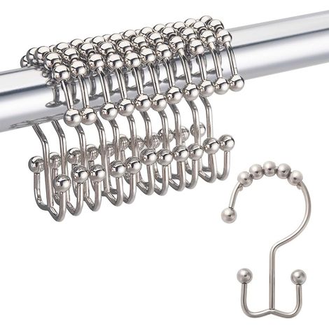 Crochet Pour Rideau De Douche - Double Glissière À Rouleaux Métallique - Résistant À La Corrosion - Pour Tige De Rideau Standard - Lot De 12