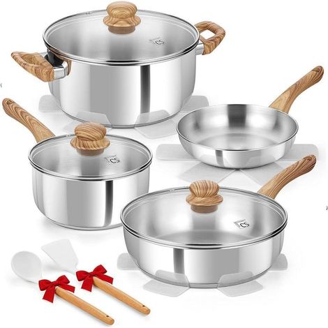 12-teiliges Kochgeschirr-Set Edelstahl mit Holzoptik-Griffen, Induktion