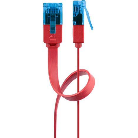 CAT 6A Câble Patch Plat, U/UTP, rouge, conducteur en cuivre (CU). Longueur de câble 0.5 m (1/2)