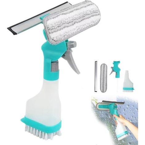 Kit de nettoyage de vitres 4 en 1 pour voiture, cuisine, salle de bain, portes de douche avec flacon pulvérisateur, raclette, grattoir (bleu) (1/5)