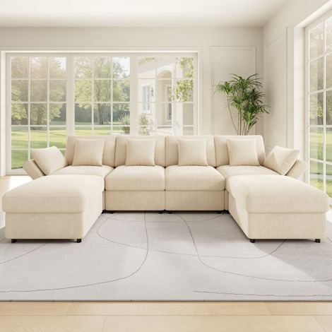 Modulares Ecksofa 284 x 156,5 x 86 cm aus beiger Chenille, 2 Hocker – MEUBLIV (1/5)