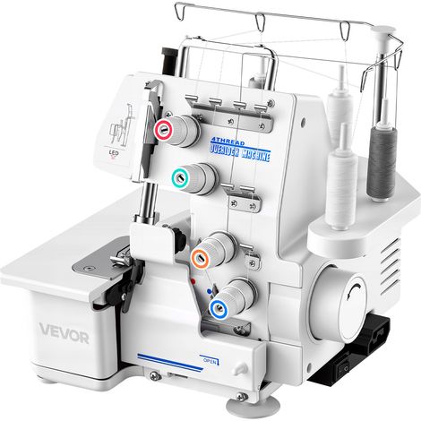 VEVOR Máquina de Coser Overlock, 1250 Puntadas por Minuto, Compatible con 3 y 4 Hilos, con Luz LED y Pies de Succión Fuertes, con Marco de Metal para Varios Tejidos, Blanco, 260 x 270 x 270 mm