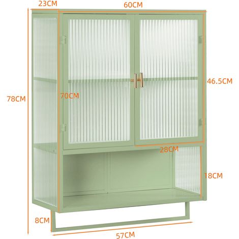 Armoire murale verte 60cm 2 portes verre,rangement 2 niveaux,étagère ouverte + porte-serviettes,entrée/salon/salle de bain