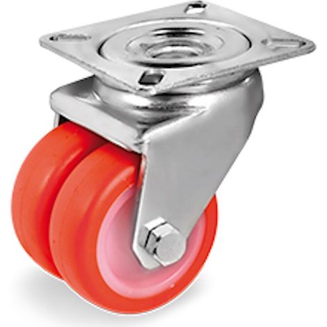 Roulette JUMELÉE pivotante diamètre 50 mm polyuréthane ROUGE - 140 Kg (1/2)