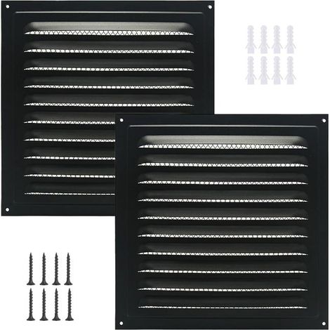 Deux grilles de ventilation carrées en aluminium pour avant-toits, portes extérieures, garages et plafonds (noires, 25 x 25 cm - 2 par paquet) (1/5)