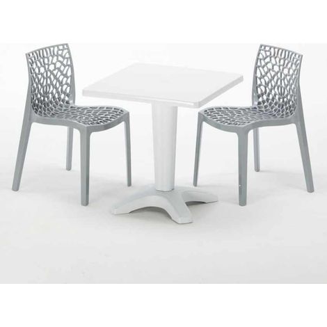 Tavolino Quadrato Bianco 70x70 cm con 2 Sedie Colorate Gruvyer Patio - Grigio