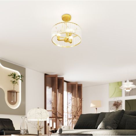 Lampadario a soffitto 39x32 cm, design elegante in cristallo, 3 luci E14, metallo oro (1/5)