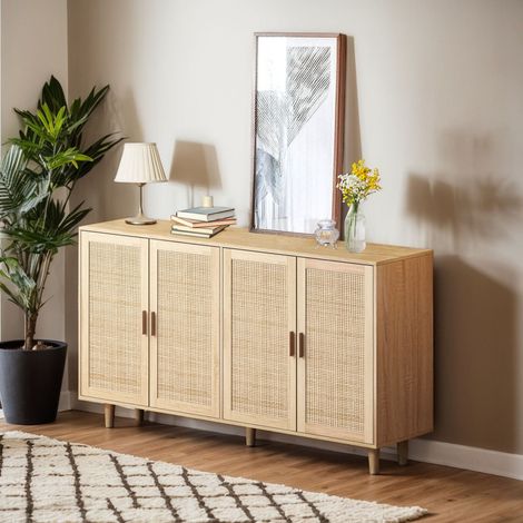 Credenza Contenitore con 4 Ante in Rattan e Ripiano Regolabile, in Pannello di Particelle, Naturale, 158×40×88 cm (1/5)