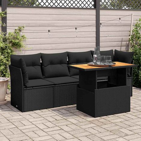 Ensemble Salon Jardin 5 Places Noir Résine Tressée avec Table Modulable et Coussins Lavables (1/4)