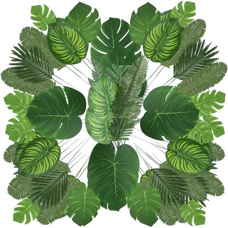 90 feuilles de palmier artificielles (6 variétés différentes) pour décoration de fête tropicale, avec tiges, style jungle.