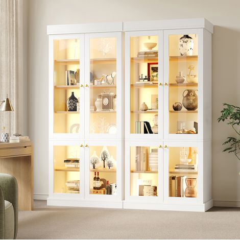 Armario alto con LED 160x40x180 cm, estantes regulables, sistema antivuelco, MDF, metal y vidrio, blanco (1/5)