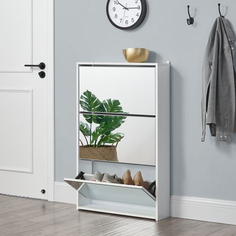 Scarpiera Vogar con 3 Contenitori Ribaltabili Mobile Portascarpe con Ante a Specchio 103x63x17 cm Bianco [en.casa] (1/5)