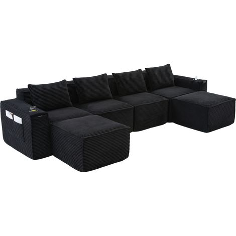 Sofá modular de 4 plazas con portavasos, bolsillos laterales, cojines de respaldo, tejido acanalado negro (1/5)