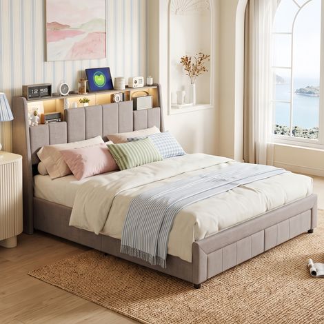 Lit avec tiroirs 160x200 cm, Tête de Lit Rangement, bande lumineuse LED, Prises USB et Secteur, Cadre de Lit en Lin Moderne, Gris (1/5)