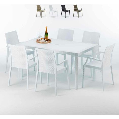 Grand Soleil – Ensemble table rectangulaire 150x90cm en poly rotin blanc avec 6 chaises empilables Paris – Résistant aux intempéries – Usage professionnel